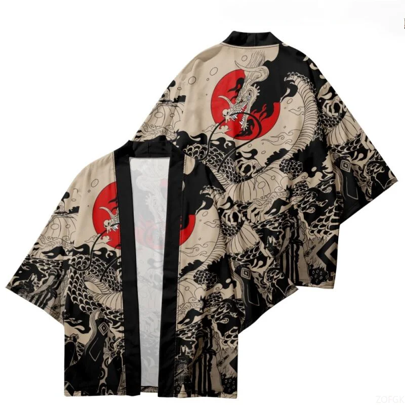 Men's Plus Size Vintage Japanese Kimono Jacket with Anime Dragon Print Style Cardigan