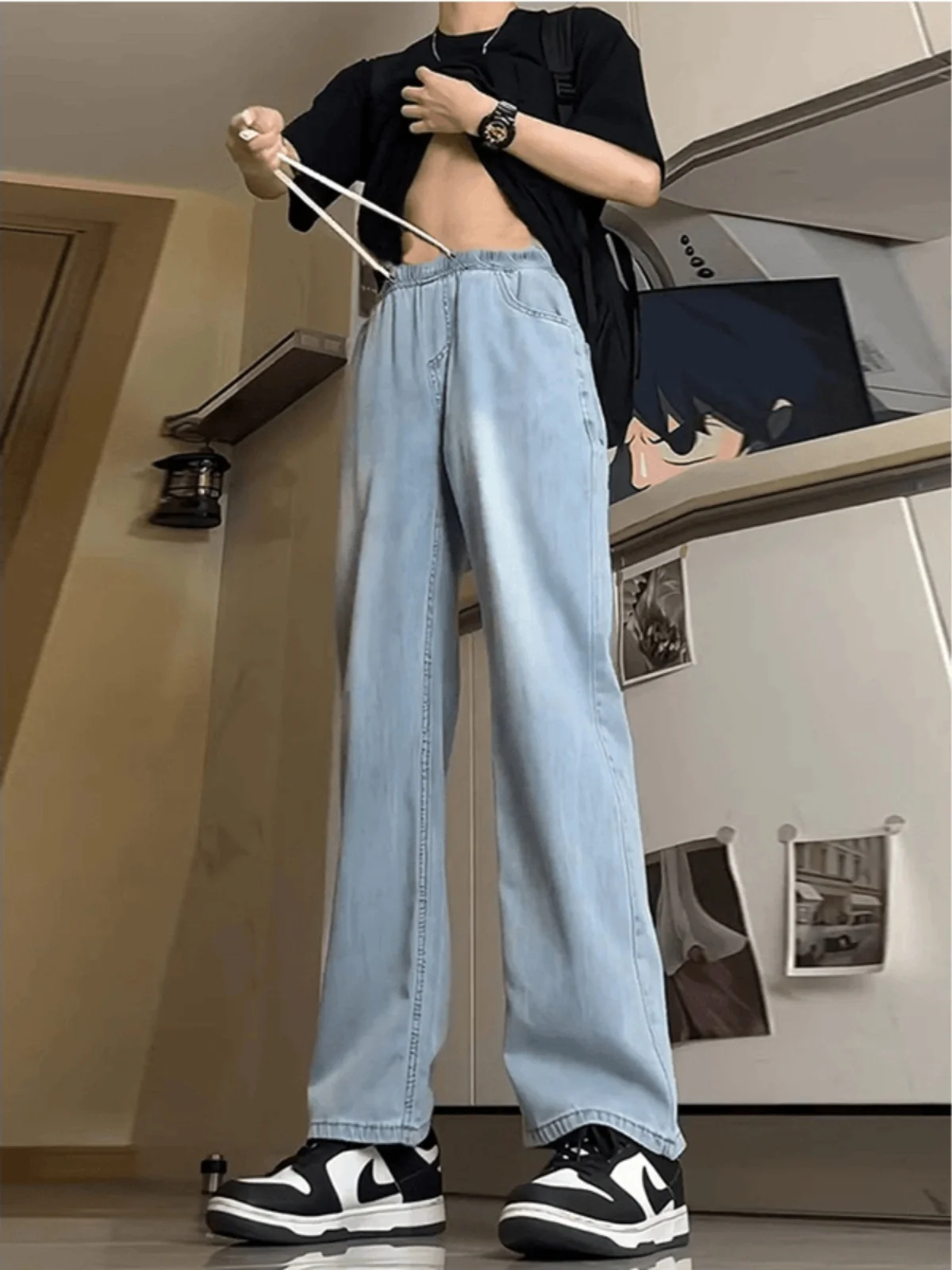 

Soft Light Blue Men's Denim Jeans Straight Leg Thin Ice Silk Loose Fit Summer Long Trousers Youth Trendy Wear Resistant
