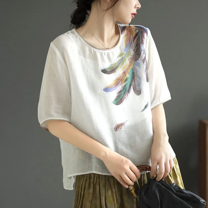 Women\'s Summer New Round Neck Retro Art Print Temperament Fashion Versatile Short Sleeve Loose Cotton Linen Thin Shirt Top