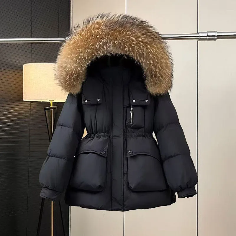 2025 Winter neue Echt waschbären pelz kragen unten Jacke frauen Koreanische version Schlank Dicke taille Mit Kapuze Ente unten mantel Weibliche Parker