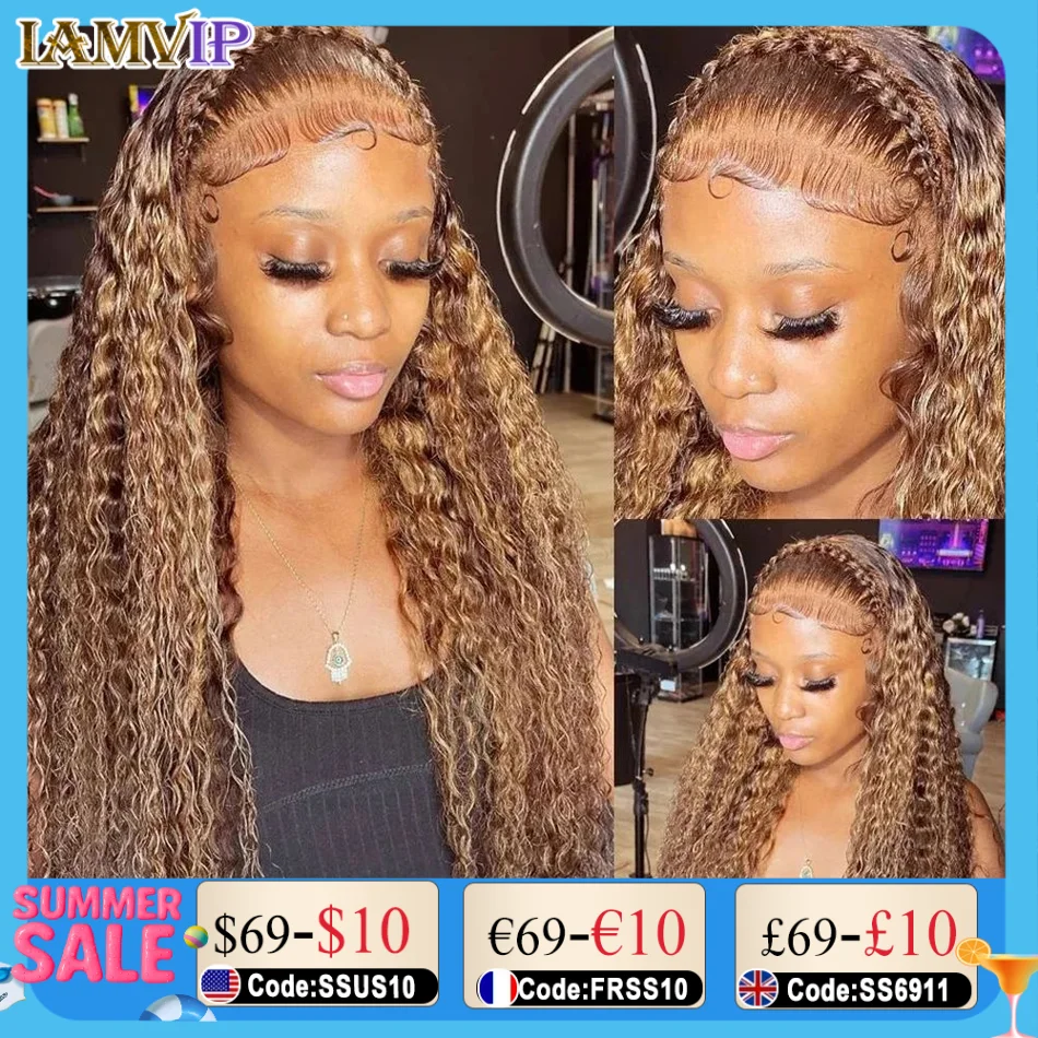 

30 Inch Highlight Color Deep Wave 13x6 Hd Lace Frontal Wig Water Curly Human Hair Wigs 13x4 HD Transparent Lace Frontal Wig New