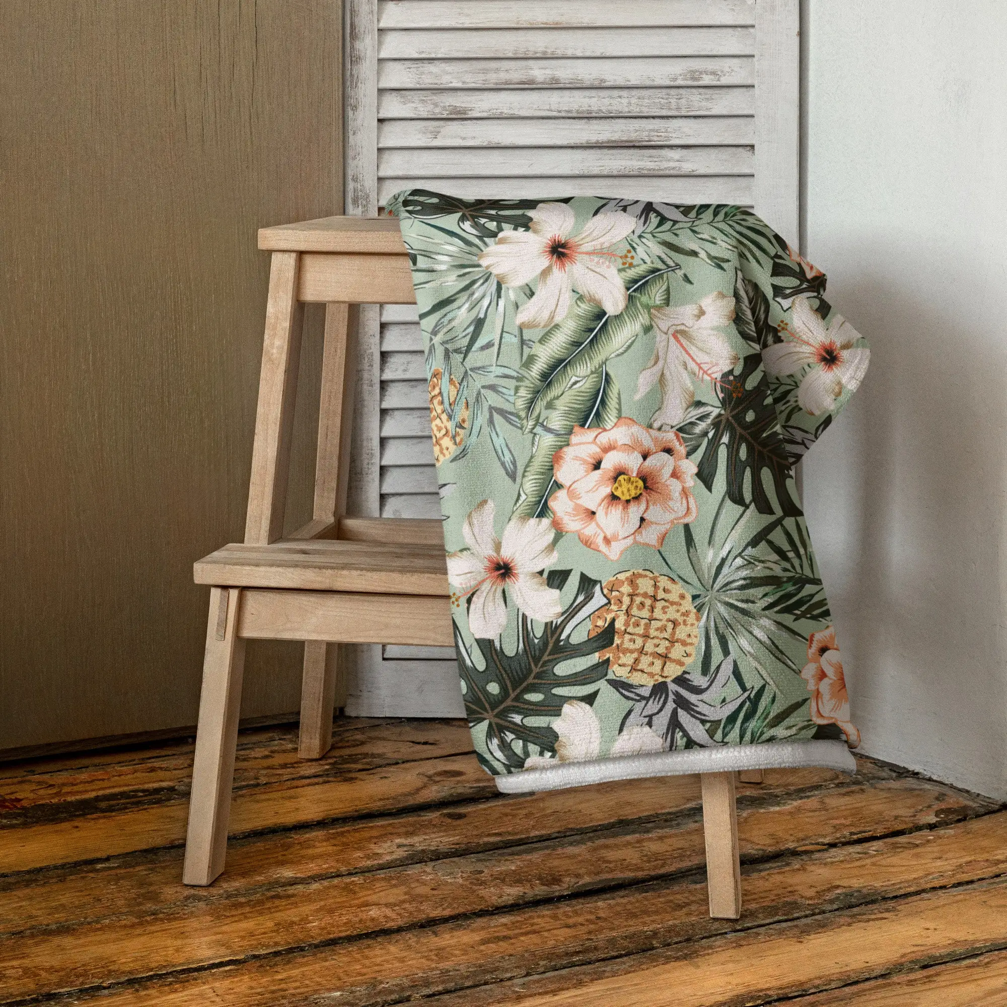 Tropical Beach Towel with Hibiscus, Pineapple & Palm Leaves, Exotic Summer Swim Towel, Boho Bath & Vacation Gift