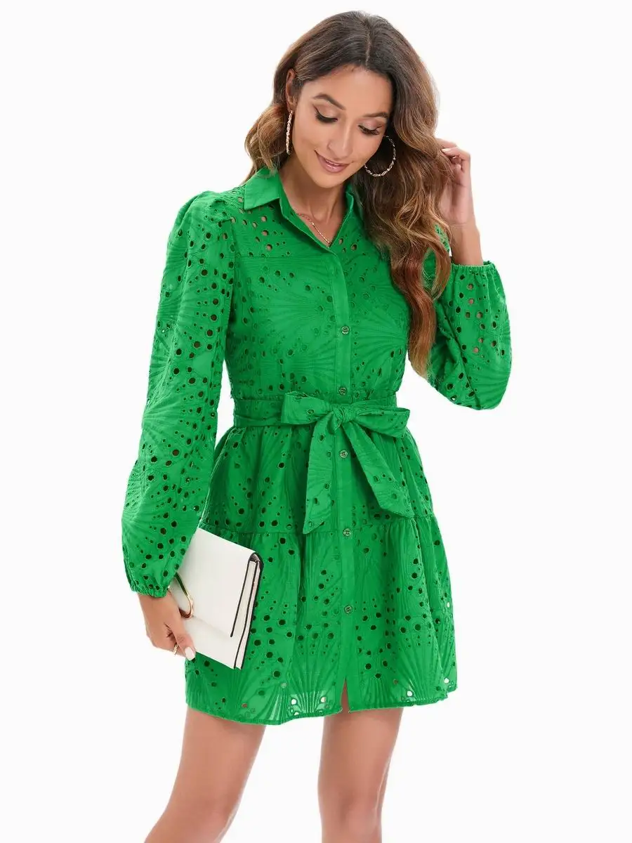 Summer Dress Women 2022 New Clothes Hollow Out Sleeve High Quality Embroidery Green Lace With Lining Side Feminino Mini Vestidos