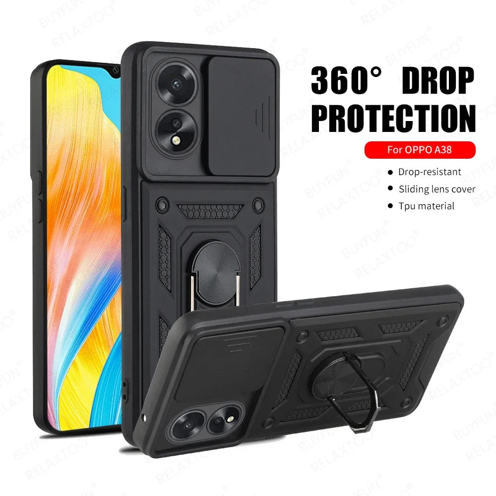 OppoA38 Case Ring Holder Push Window Armor Phone Cover For Oppo A38 A 38 38A 4G CPH2579 Soft Shockproof Bumper Shell 6.56inches