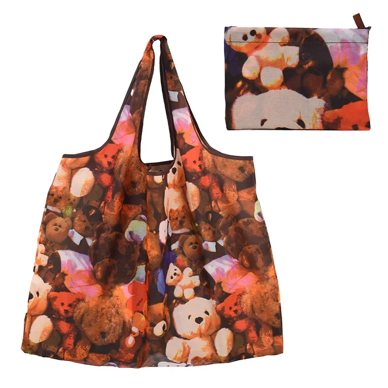 Foldable Bee Bear Cat Flower Pattern Large Shopping Bag Washable  Reusable Easy To Carry Capacity Handbags