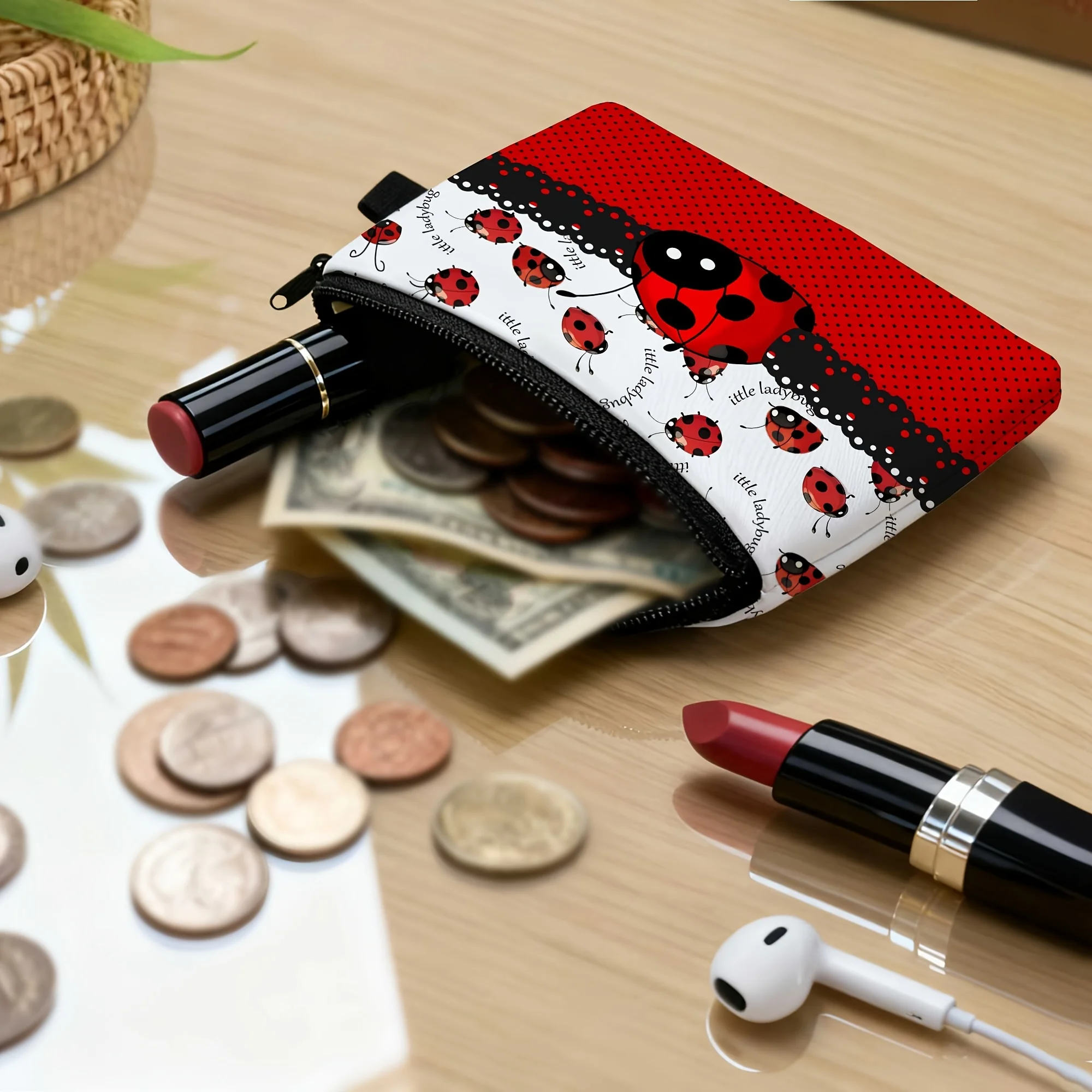 

Cute Ladybug Coin Purse, Lightweight Lipstick Earbuds Organizer Pouch, Small Portable Travel Makeup Bag, Gift for Girls
