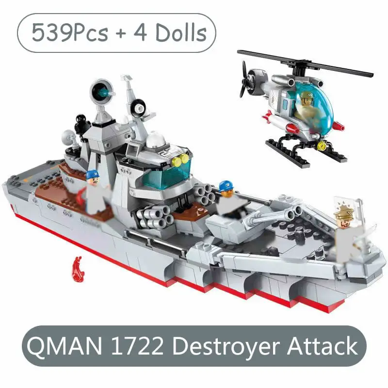 QMAN 539Pcs Destroyer Attack Building Blocks Bricks WW2 Military Model Army Soldier Weapon Toys For Children 1722 Warship