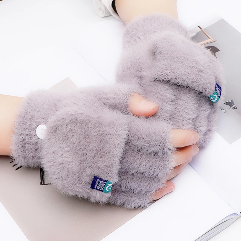 Plush Gloves Women Winter Warm Student Flip Top Fingerless Outdoor Thickened Cold Proof Cute Soft Touchscreen Texting Mittens