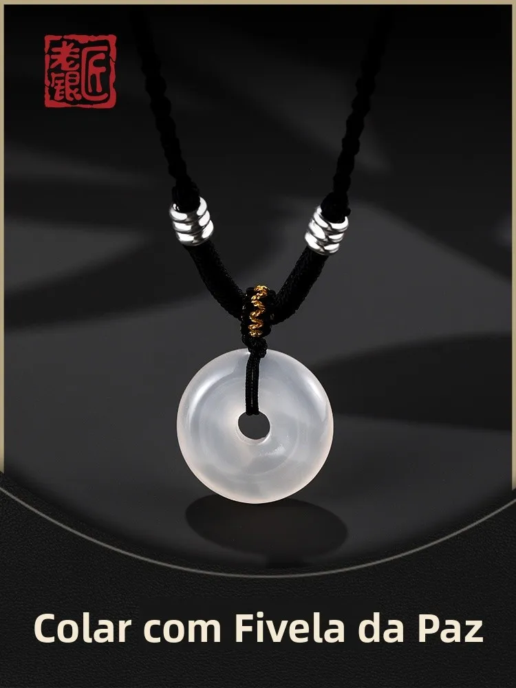 new-chinese-style-handmade-s925-silver-pure-silver-pendant-agate-men's-necklace-traditional-flat-weave-flat-braid-necklace