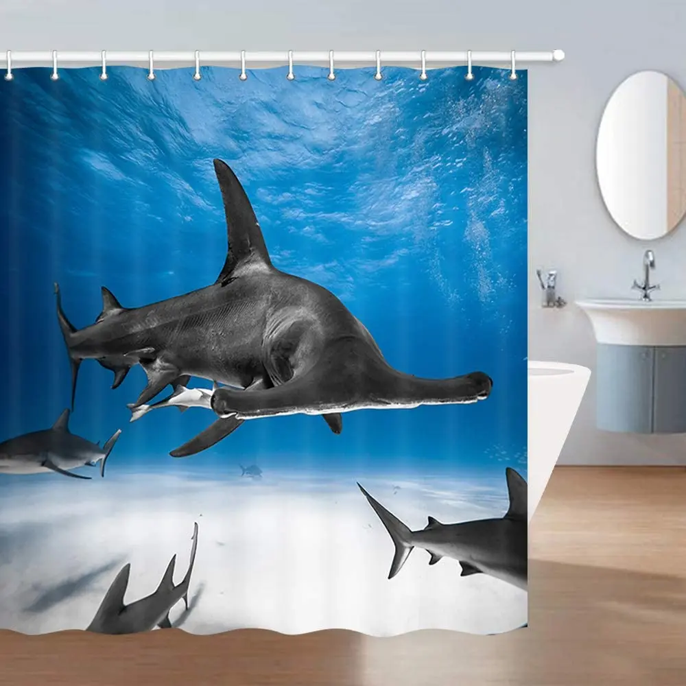 Ocean Animals Shower Curtain Great Hammerhead with Caribbean Reef Shark Polyester Fabric Bath Bathroom Curtains Set with Hooks