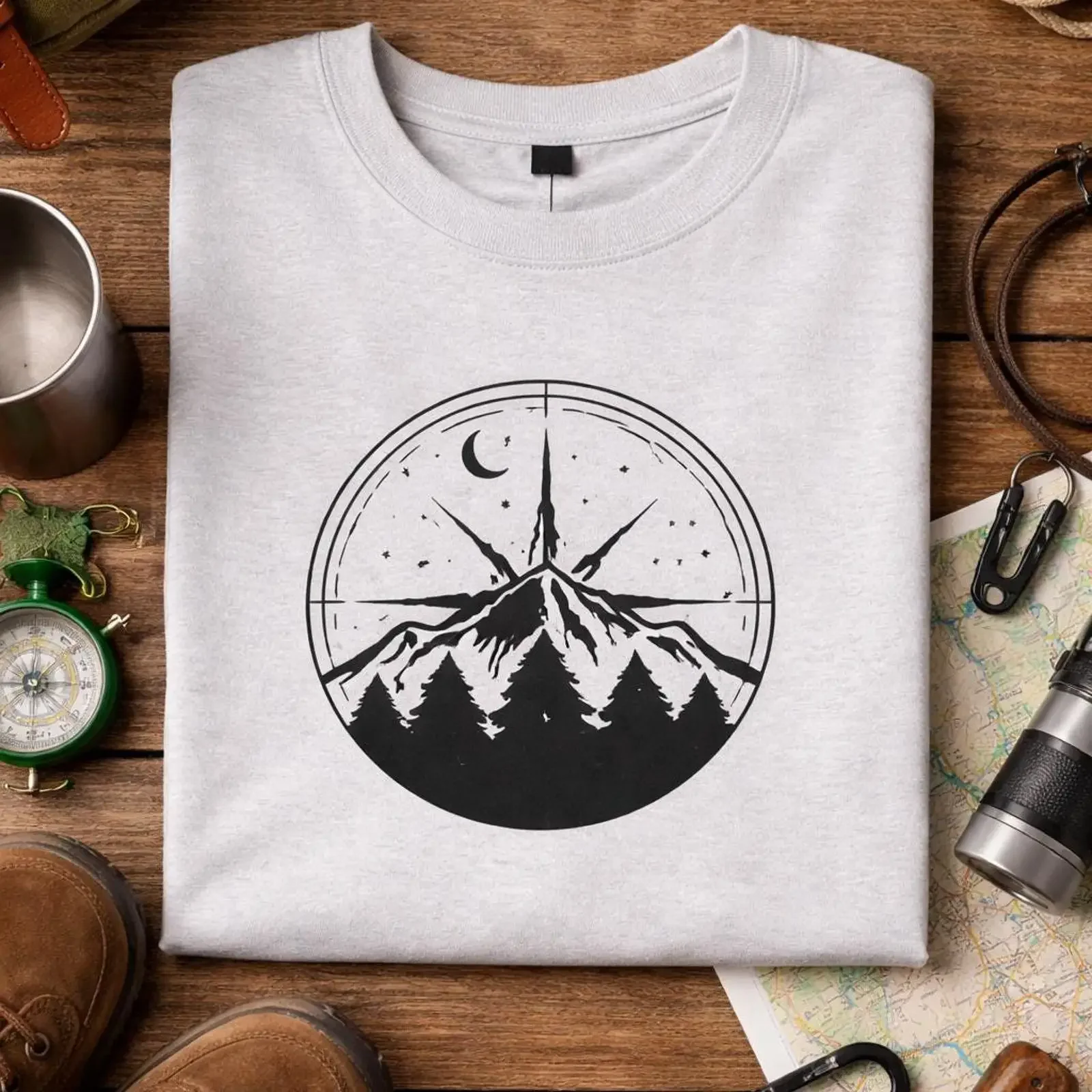 Camiseta Mountain Compass Night Sky Adventure Nature Explorer vintage con gráfico estampado lavado y elástico para uso diario hombre