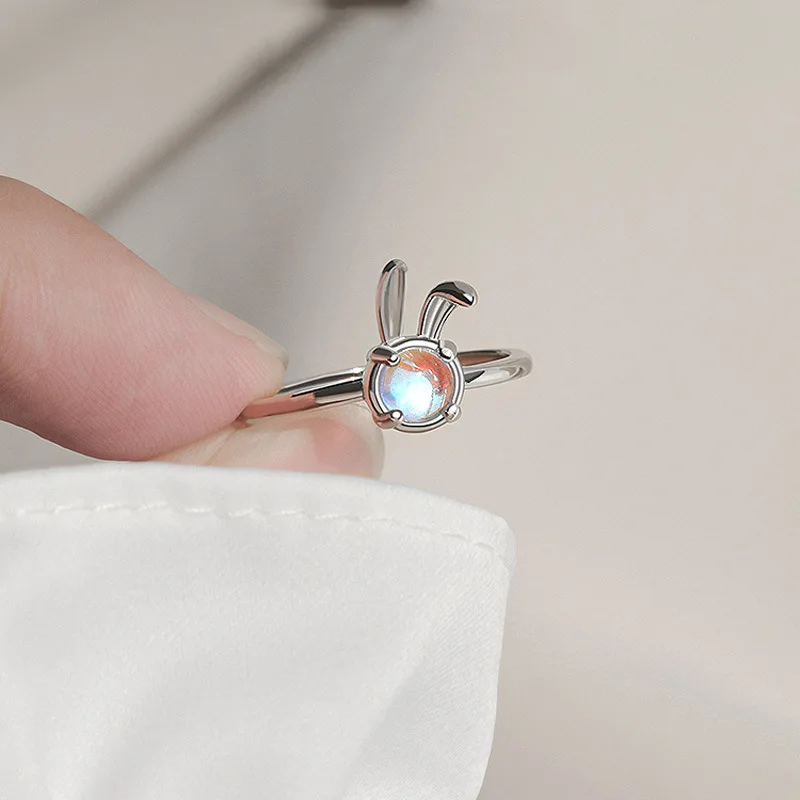 Retro Minimalist Moonstone Rabbit Opening Rings For Women Shiny Crystal Zircon Cute Animal Flower Adjustable Finger Ring Jewelry