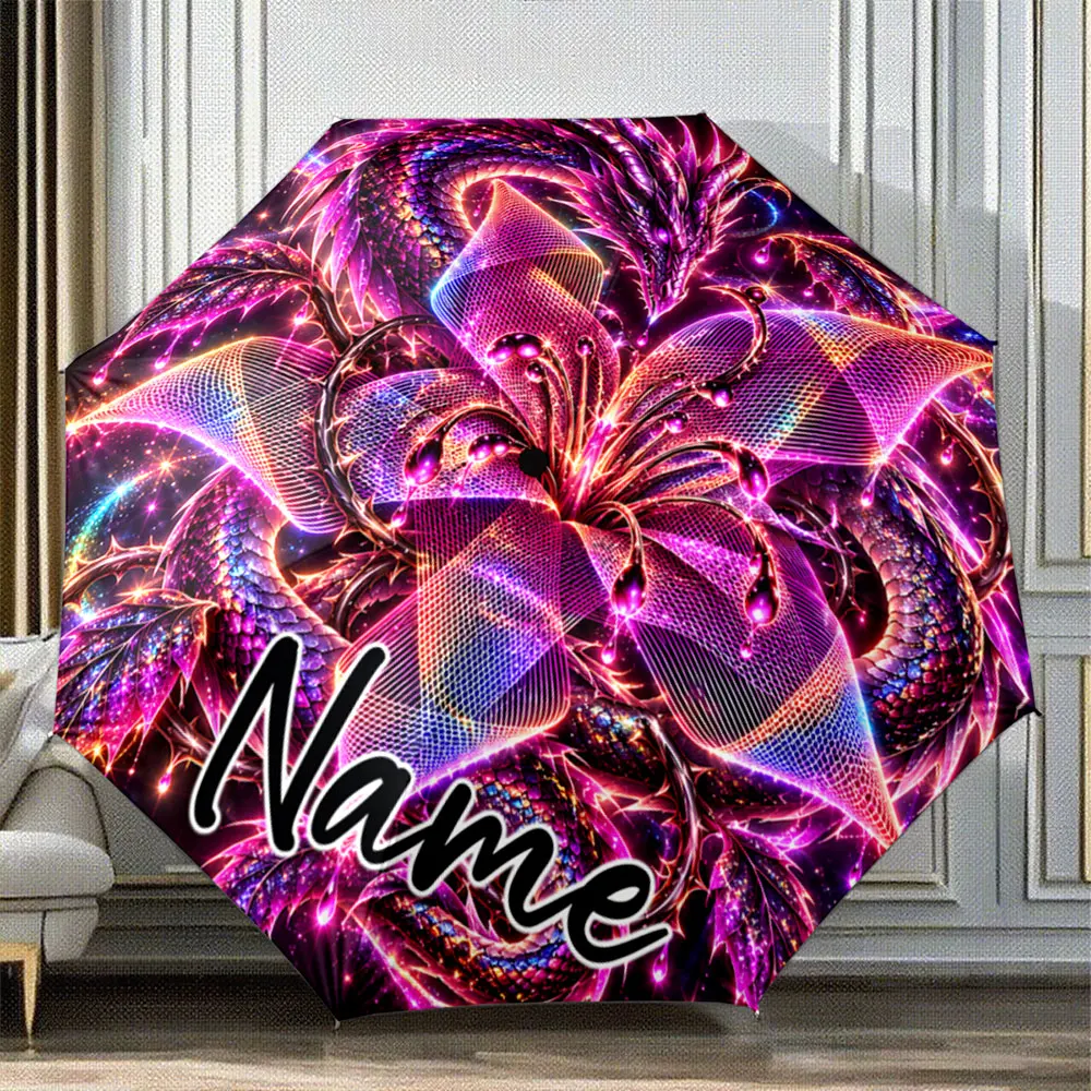 Custom Name Umbrella Neon Dragon with Floral Pattern in Vivid Purple 8 Iron Ribs Folding Umbrella Auto-Open Fashion Sunshade