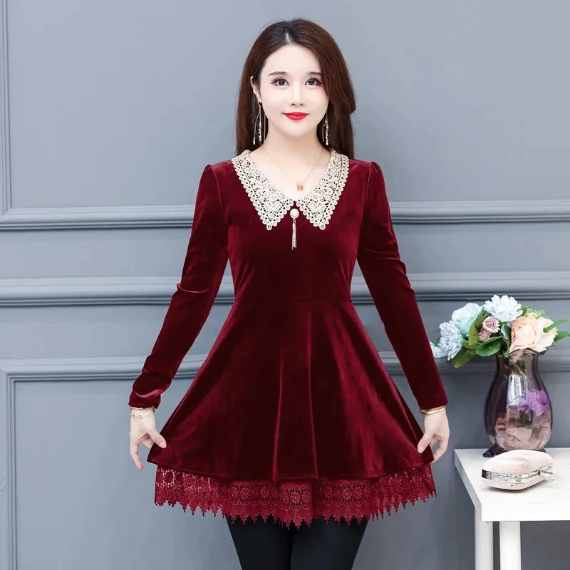 

Gold Velvet Women's Top 2022 Autumn New Bottoming Shirt Mid-Long Waist-Receiving Mother Clothing Lace Splicing Pullover Elegant
