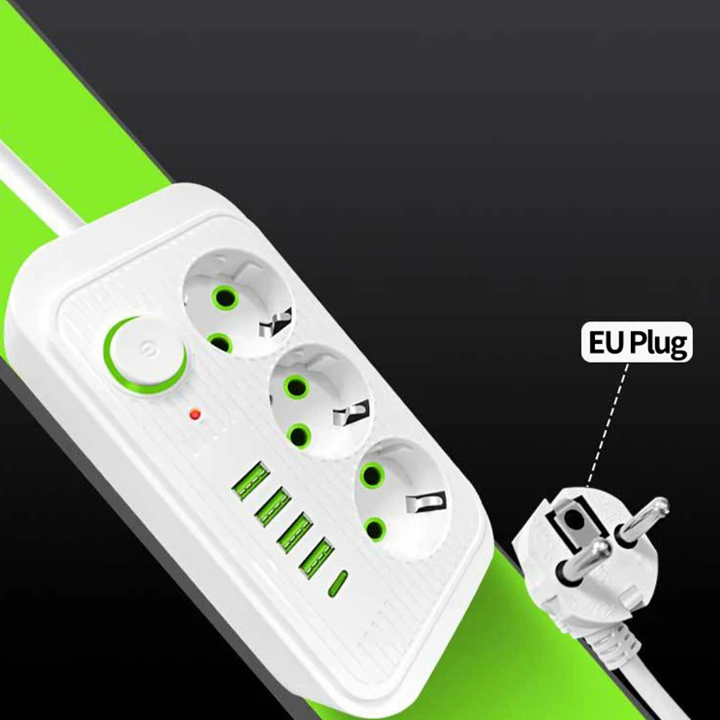 EU Plug AC Outlet Power Strip Multiprise Extension Cord Electrical Socket With USB Type C Fast Charging Network Filter Adapter