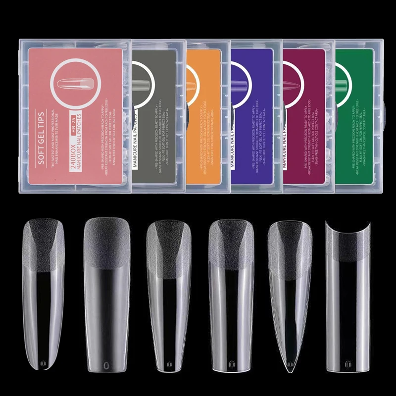 240 piezas de tips XXL largos cuadrados, cubierta completa y media, uñas postizas mate de extensión rápida, tips suaves de gel para mujeres y chicas, prensado 2