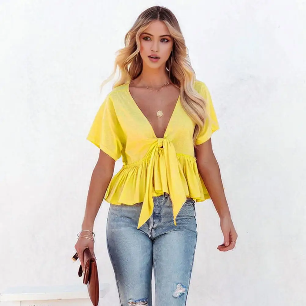 

Short-sleeve Blouse Stylish Women's Summer Tops V-neck Knot Design Tee Crewneck Textured Blouse for Casual Chic Look Women