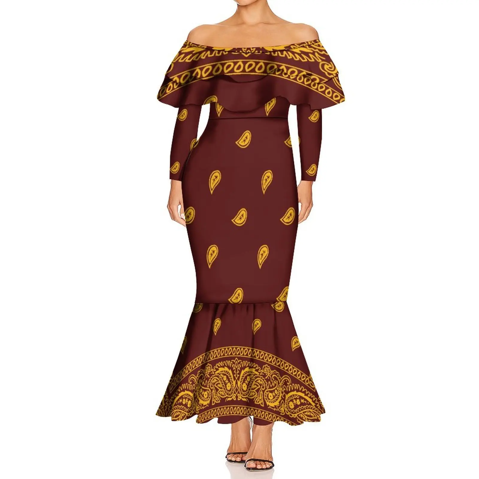 Vestido rabo de peixe com babados, manga comprida, gola única, camada dupla, para mulheres, verão, bandana, havaí, vestido de festa personalizado