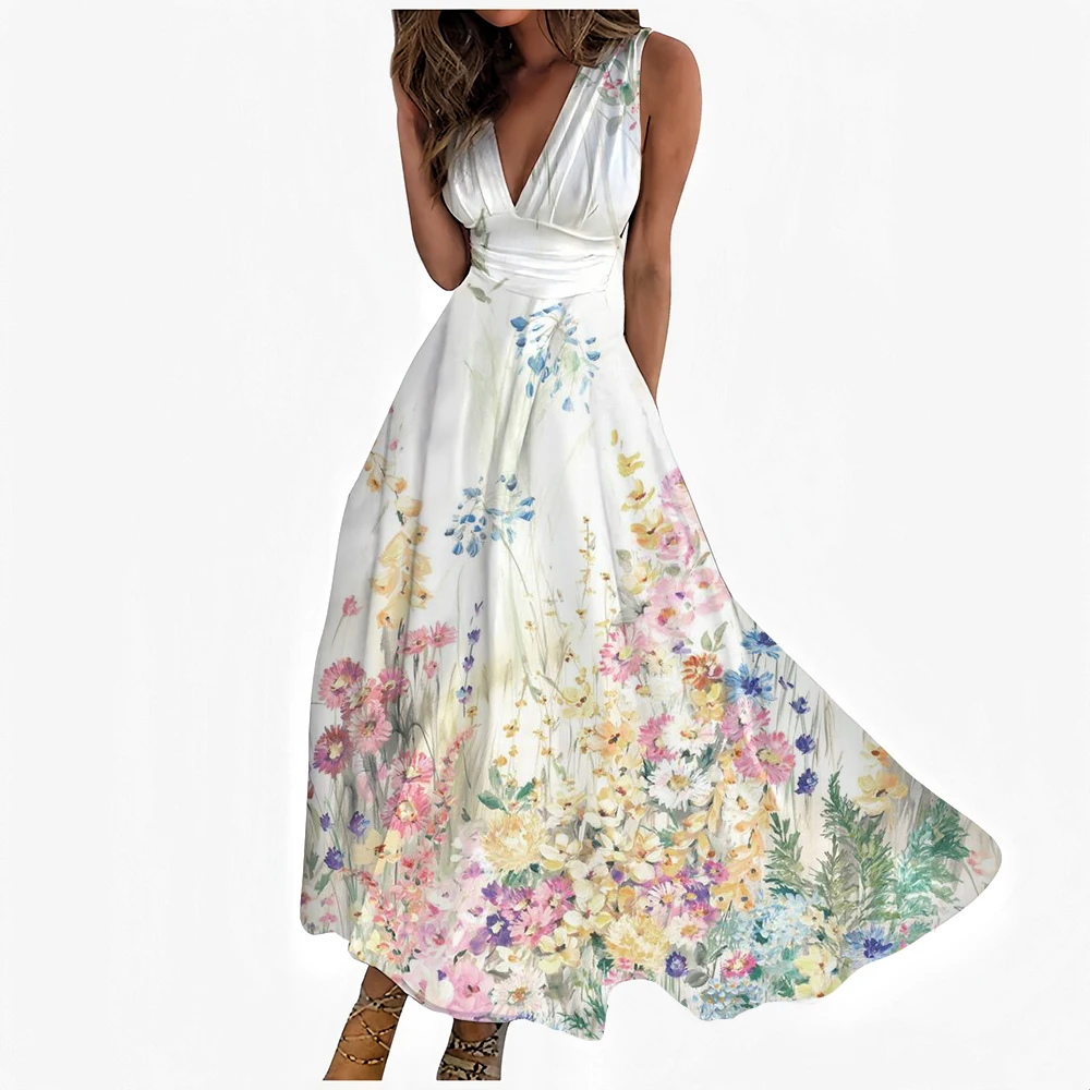 Damen-Hemdkleid mit Batikmuster und Blumenmuster, Regenbogenfarben, Bohemian-Stil, Grafik, Urlaub, ärmellos, große Schaukel, Designer-Kleider mit lässigem V-Ausschnitt und Print