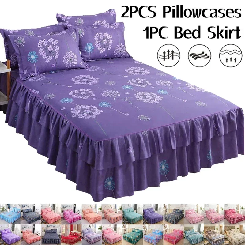 Falda de cama de algodón con volantes de doble capa para dormitorio, cubierta elástica antipolvo, color sólido/patrón de flores