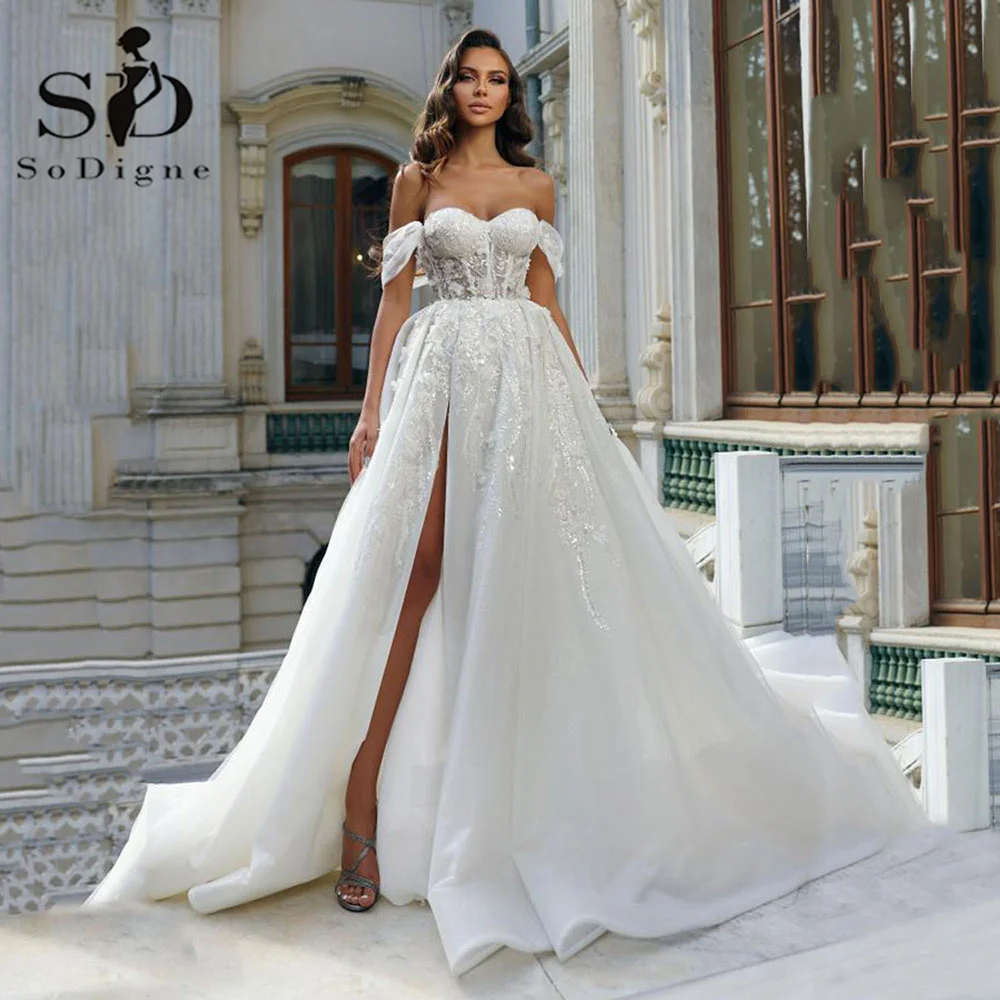 

SoDigne Church A Line Luxury Wedding Dresses 2024 Shiny Lace Appliques Formal Bride Gowns Sweetheart Split Boho Bridal Dress