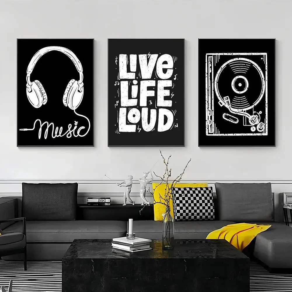 Live Life Loud Quote Canvas Wall Art Headphones Vinyl Records Creative Music Art Poster Home Bedroom Room Decor