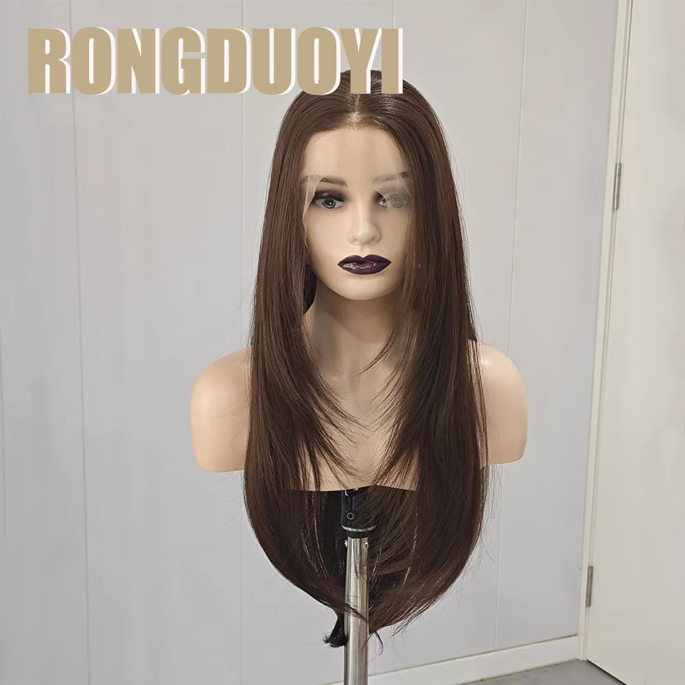 RONGDUOYI Brown Layered Haircut Synthetic Hair Natural Wavy Pre-Plucked Layer Hair Lace Front Wigs Women Makeup Daily Brown Hair