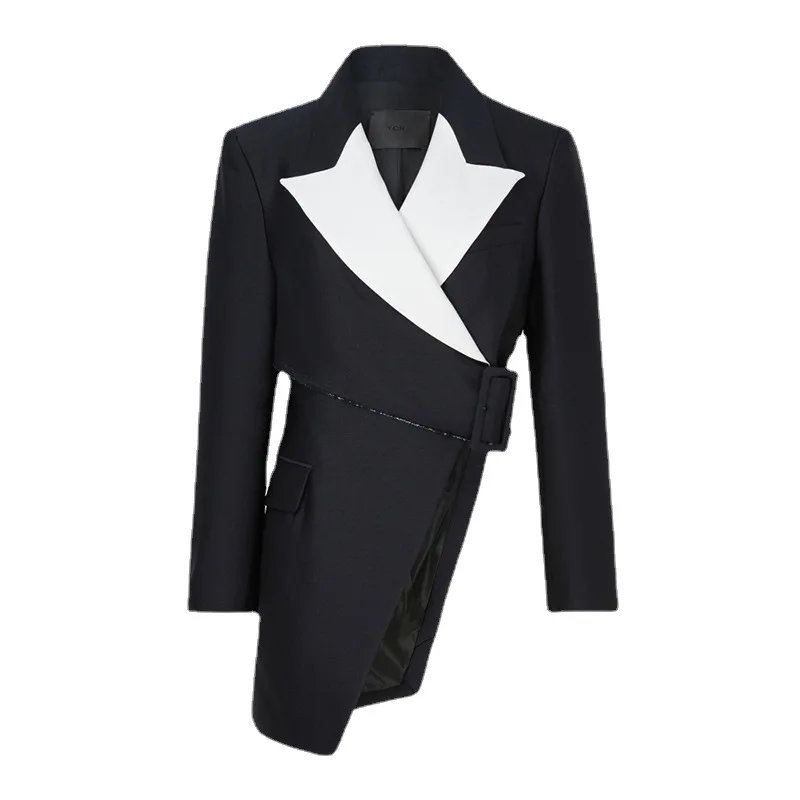 

SuperAen Fashion Brand New Design Chic Blazer Women's Spring New Style High Waist Irregular Contrast Blazer Women