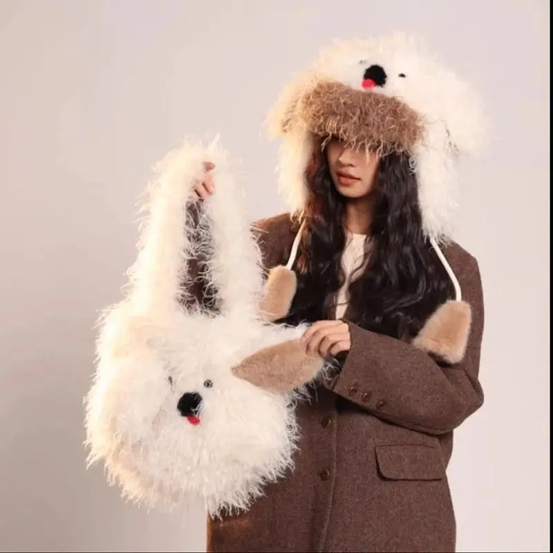 

Милая белая пушистая сумка-тоут для щенков, женская утолщенная плюшевая сумка на плечо большой вместимости, женская мультяшная осенне-зимняя новая сумка для подмышек