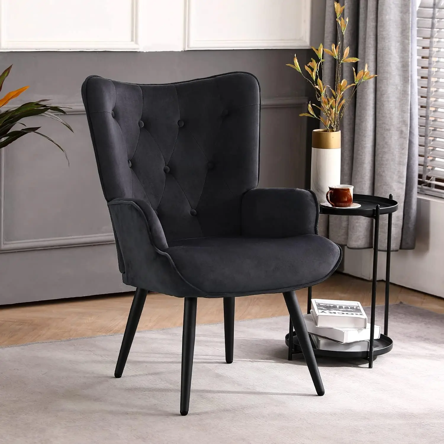 

Velvet Accent Chair Modern Upholstered Side Armchair with Tapered Legs Tufted Button Wingback Sofa Chairs Tall Back