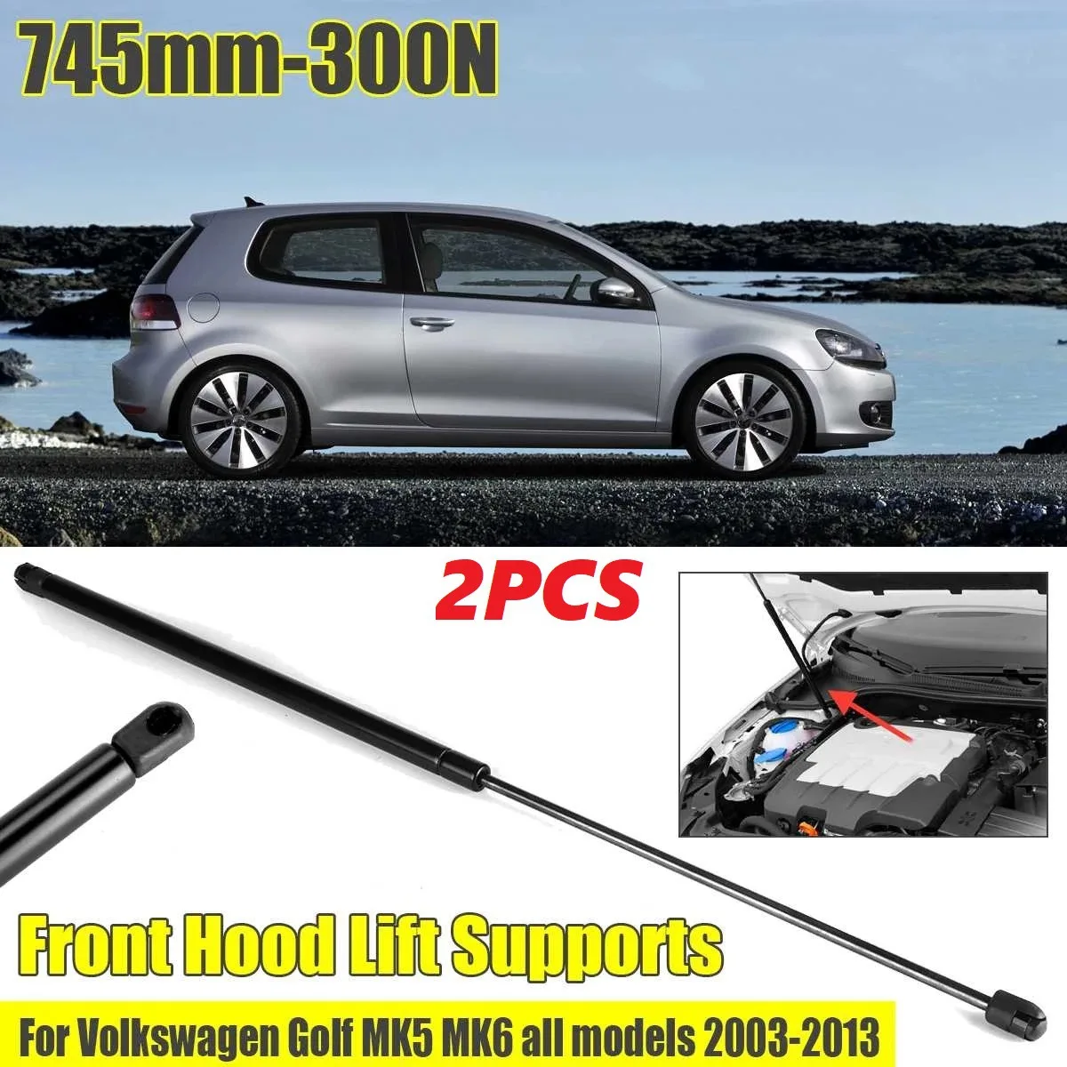 2X Car Front Hood Gas Lift Support Shock Strut Damper 745mm-300N Shaft for Golf MK5 MK6 All Models