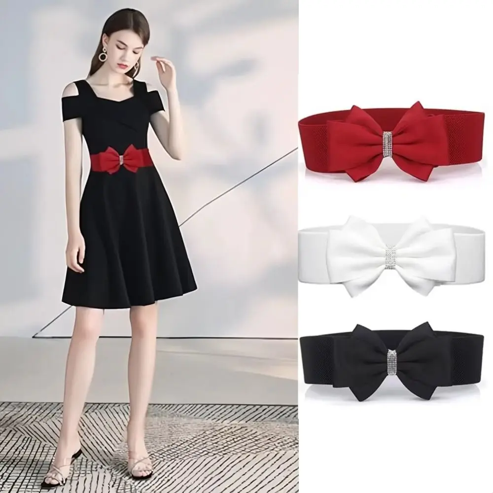 

Adjustable Buckle Women's Elastic Wide Belt Plus Size Solid Color Elastic Bow Belt Rhinestone Stretch Belt