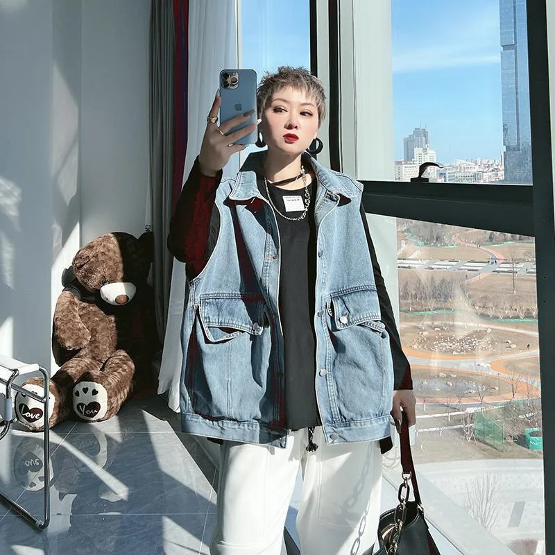 

plus Size 300 Pou Denim Vest Outerwear Faionable Medium-Length Oversized Jaet Women's Commute Sle Pure Color Button-Up
