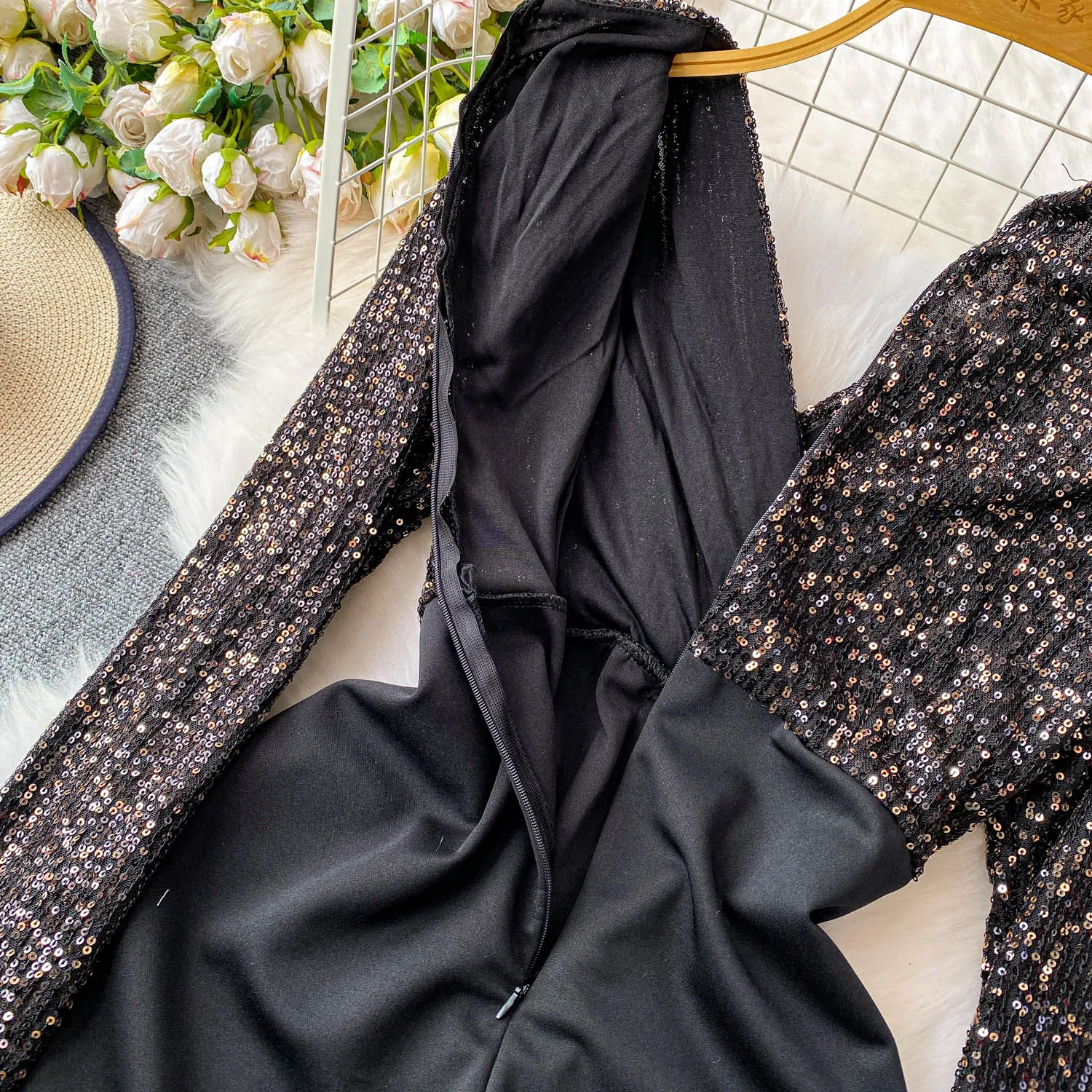 Chic vintage sexy V-neck sequin button long sleeve slim Elegant Fairy korean fashion Boho Sundress women clothing