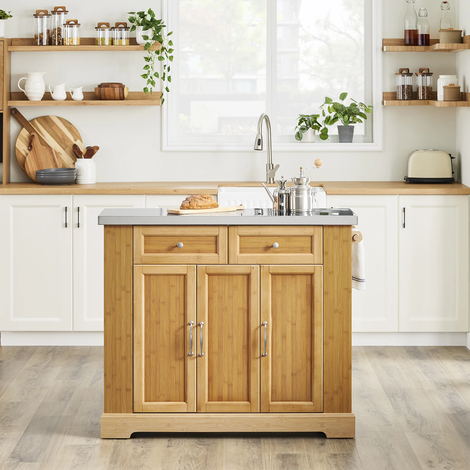 SoBuy FKW130-N Isla de cocina enrollables con cajones Carro de cocina con placa de trabajo extensible Carro Nature 107x92,5x46-71
