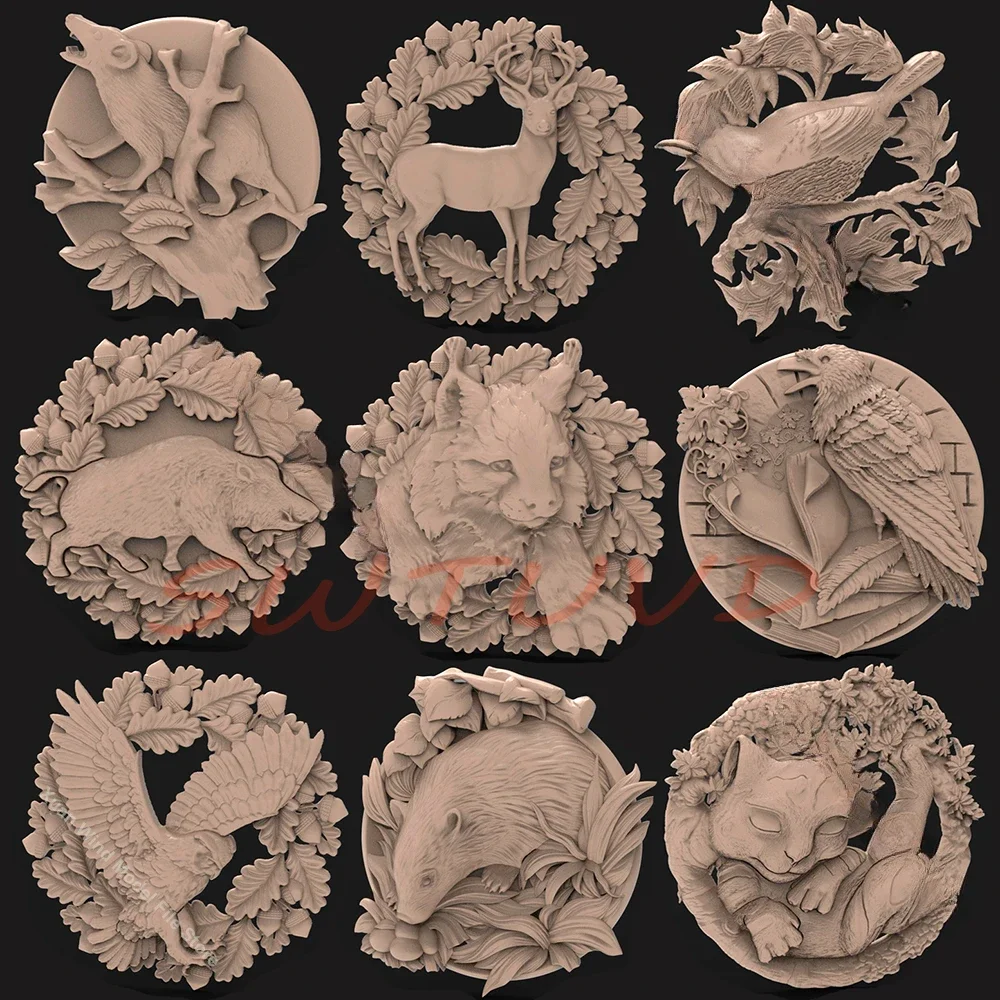 

9pcs Animal Decor 3D STL Model for CNC Router Carving Machine Artcam Aspire_Animal Round Decoration