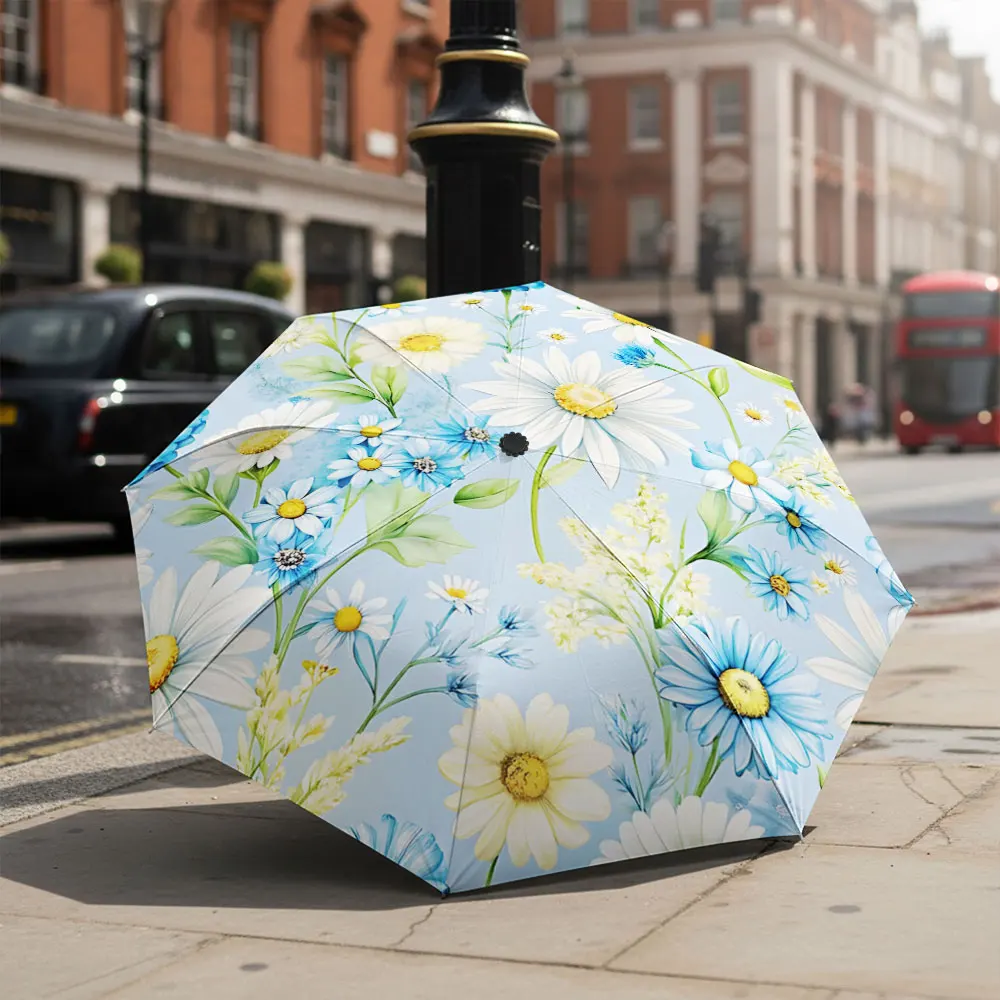 1P C Floral Umbrella with Blue and White Daisies Print 8 Iron Ribs Folding Umbrella Auto-Open Fashion Sunshade