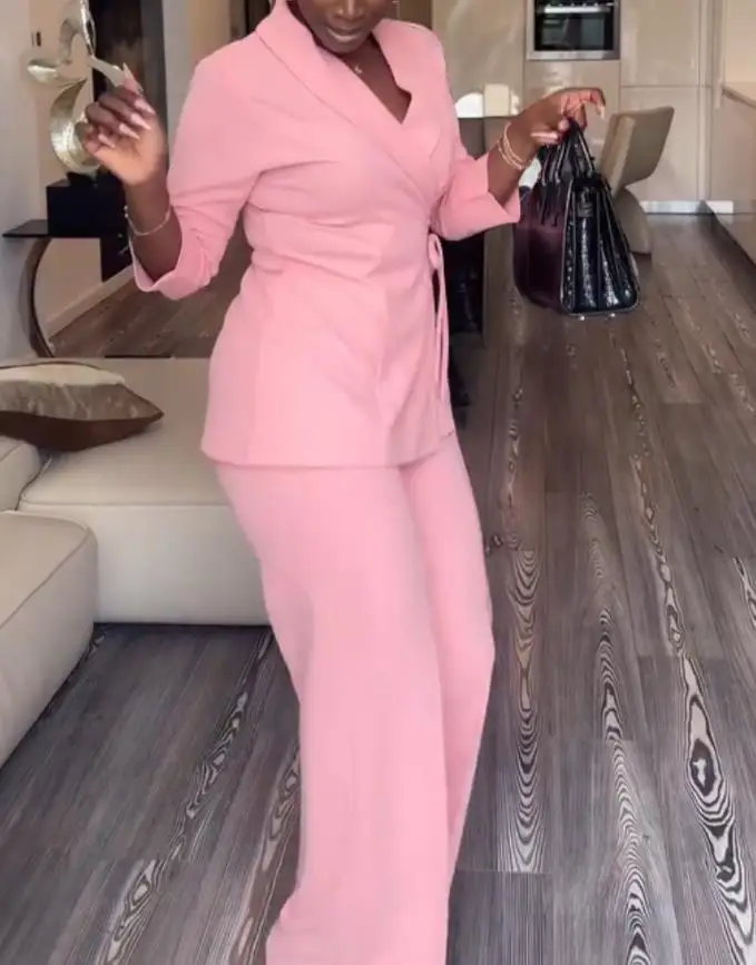 

Autumn 2025 Solid Color Lapel Tie Waist Cinched Suit Jacket and High Waisted Straight Leg Pants Set for Women's Commuting Set