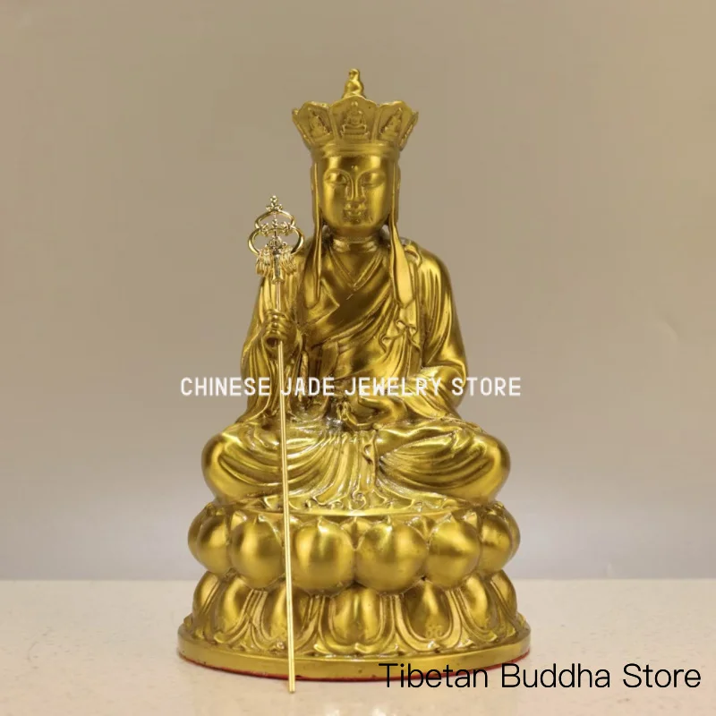 Brass ornaments, bronze statue of the Bodhisattva Ksitigarbha sitting on the ground with lotus flowers, home decoration, worship