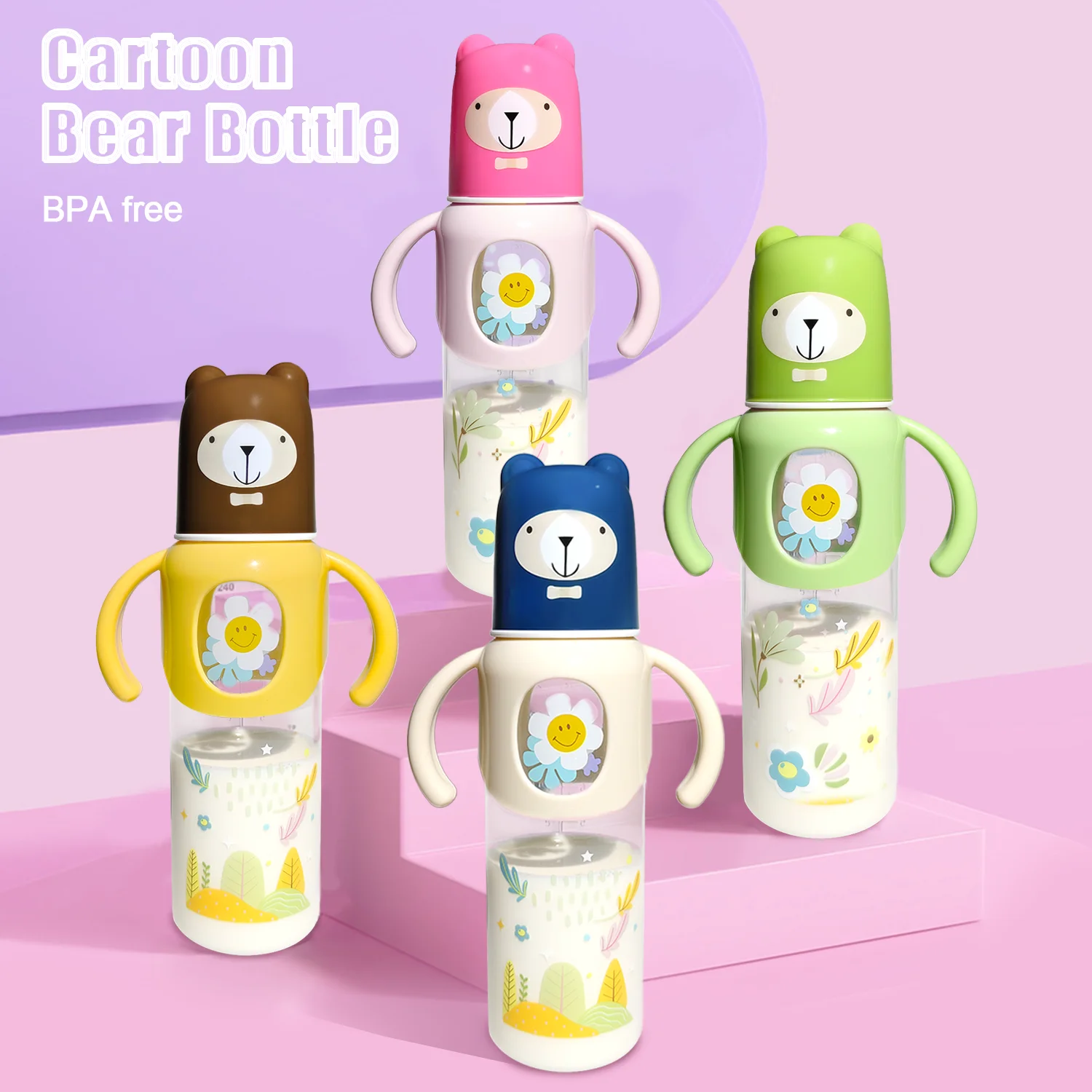 

Cute bear head baby bottle 250ml large capacity pp safety material straight body with handle learning drinking cup birthday gift