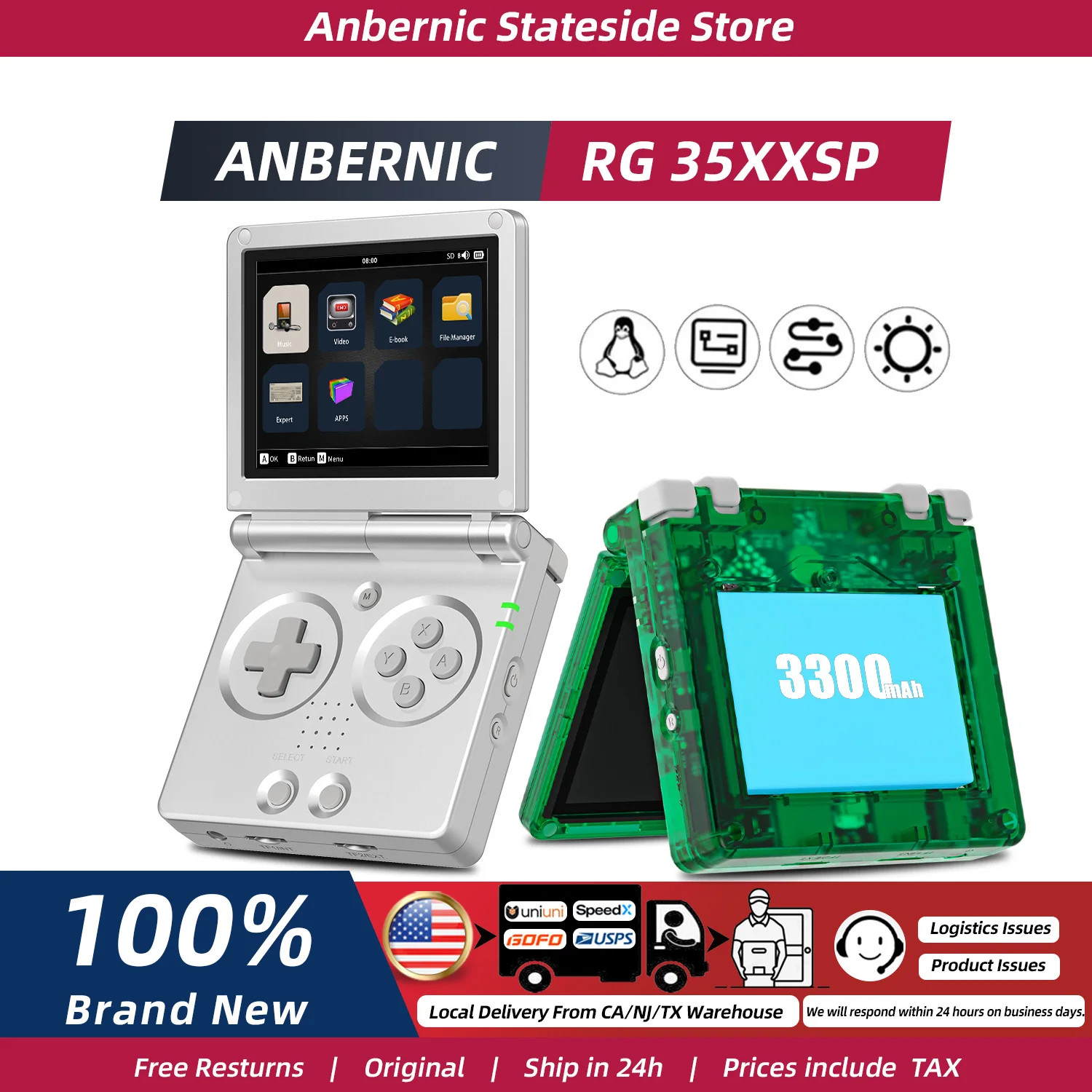 ANBERNIC RG35XXSP FILP 3.5 Inch IPS Screen Retro Game Console 64GB Built-in TF Card 3300mAh Battery Linux System HD TV Output Support Classic Casual Gaming Built-in Hall Switch Chip