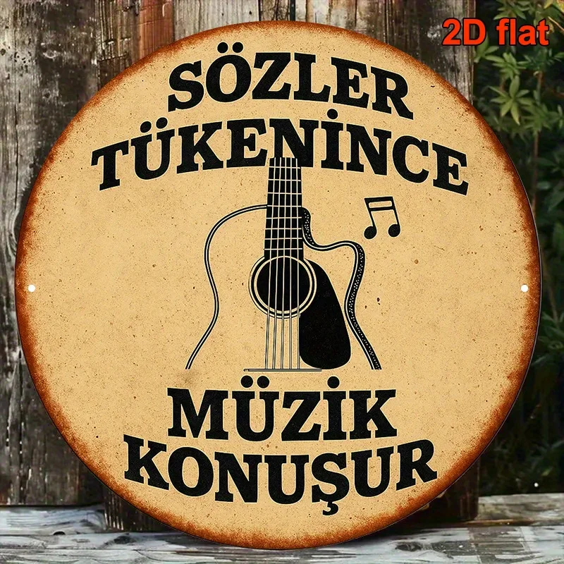 2D Flat, 1pc Turkish Music & Ottoman Lyre (Saz) Metal Wall Plaque - Vintage Turkish Sheet Music Sign with Ottoman Lyre Instrumen