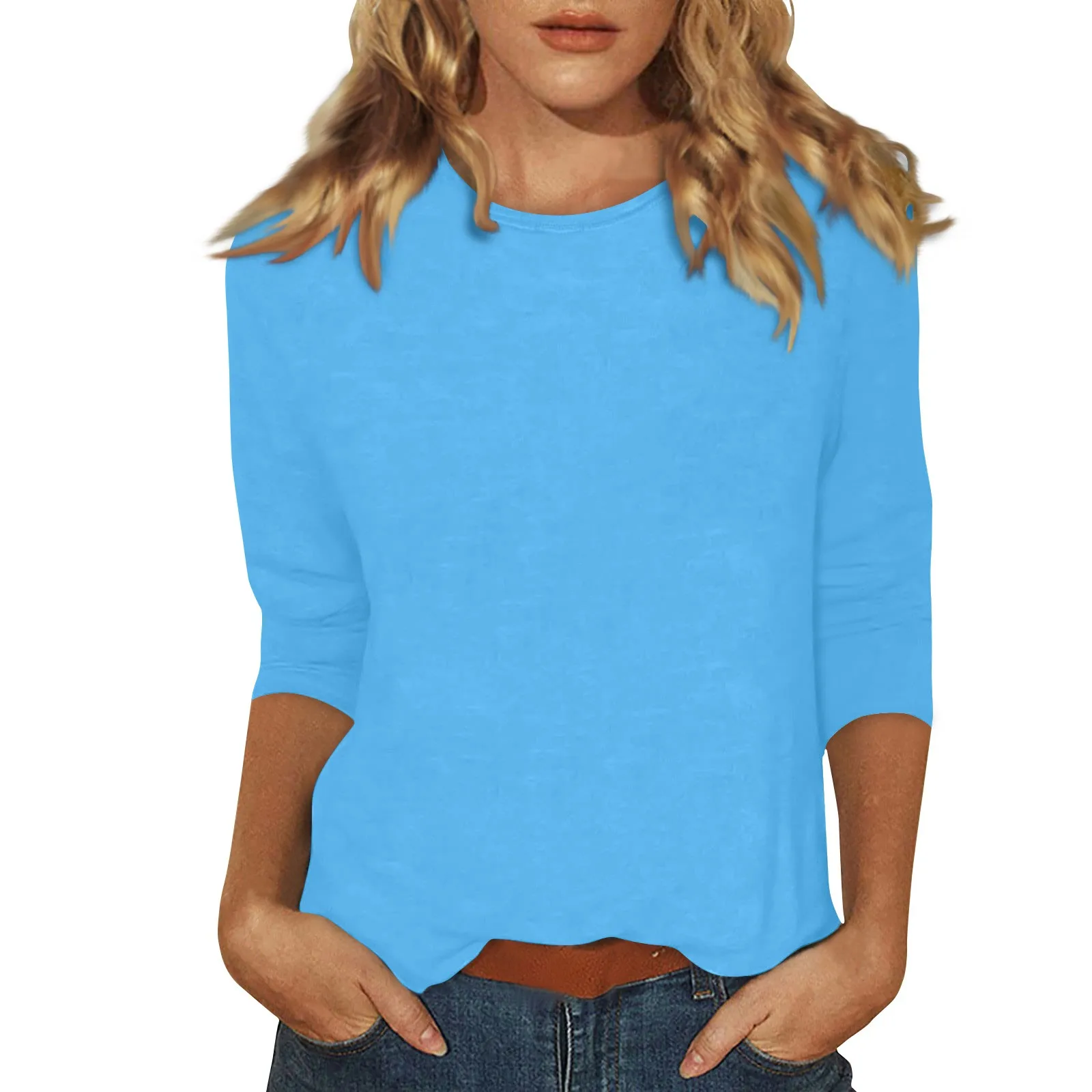 Women's Fashion Casual Round Neck 3/4 Sleeve Loose Solid Color T-Shirt Ladies Top Female Fashion Blouse 2024 T Shirt 티셔츠