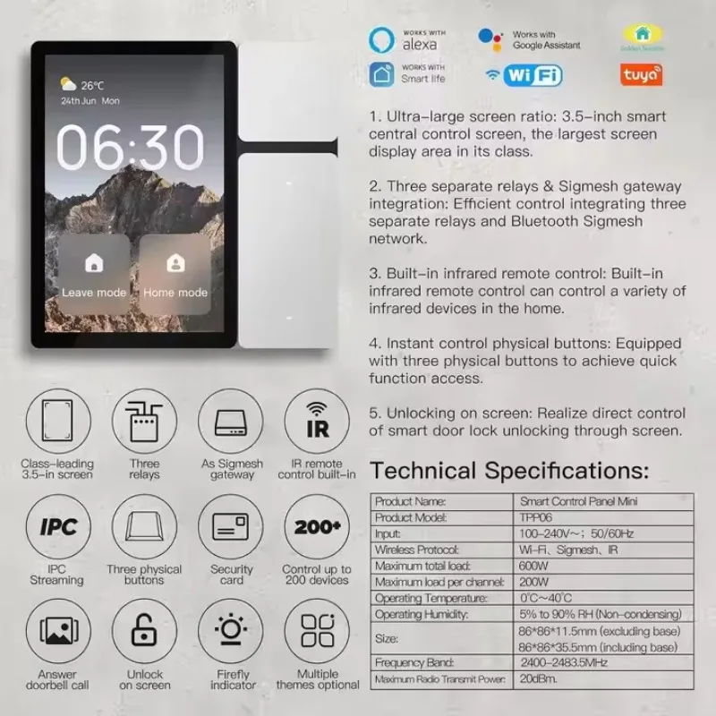 TPP06 Tuya Smart Home Automate WIFI Touch Screen Built-in BLE Mesh Gateway 3.5 Inch Smart Central Control Panel