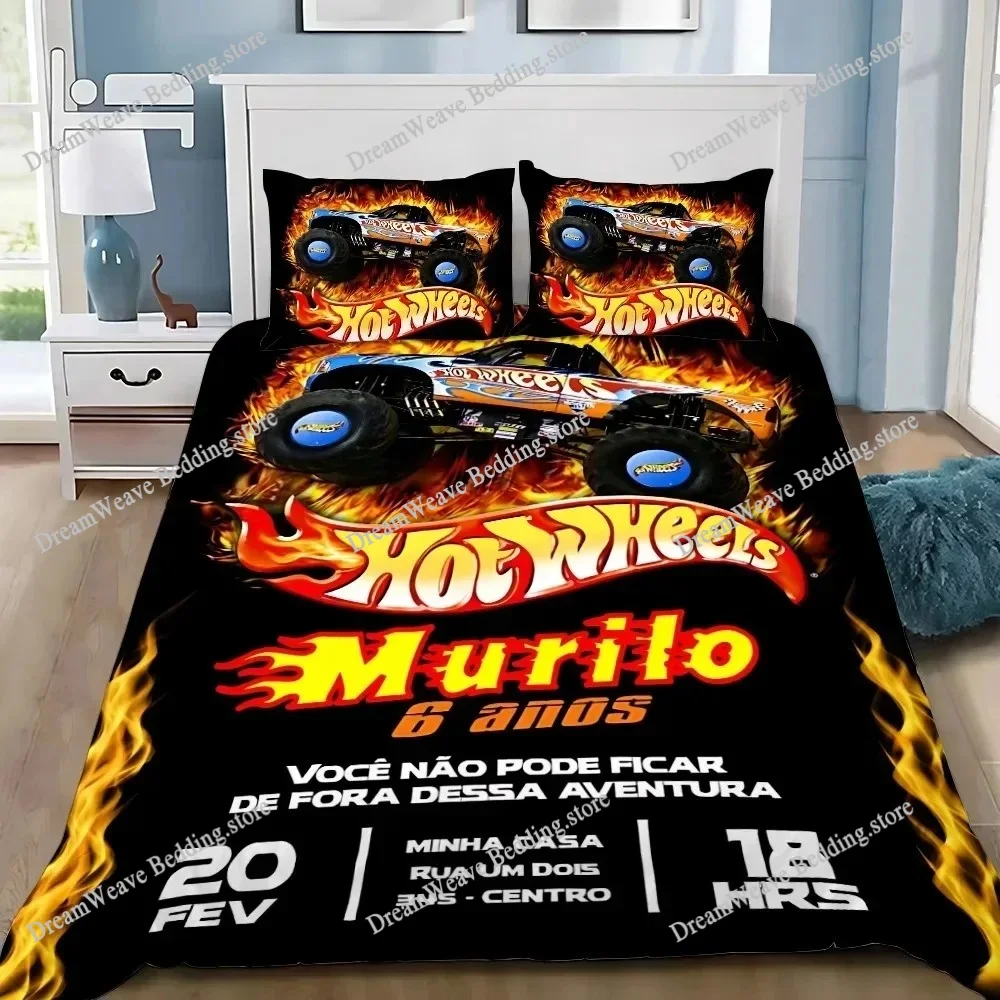 

Cartoon H-Hot W-Wheels Bedding Set Race Car Duvet Cover with Pillowcases Comforter Cover for Kids Boys Bedroom Decor Queen