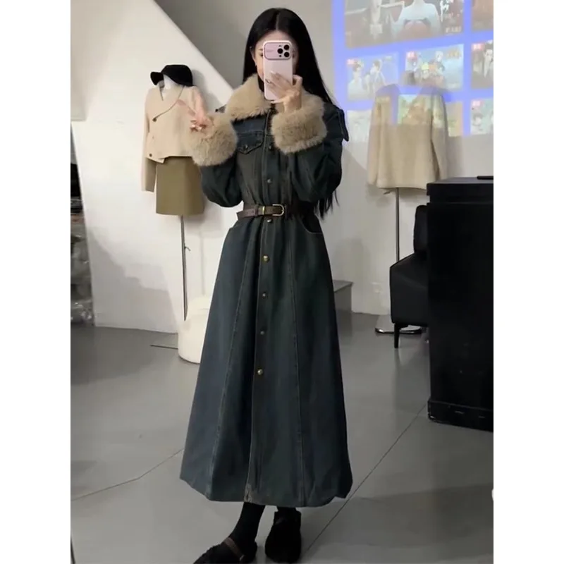 Autumn and Winter New Medela Retro Fur Collar Denim Dress Femininity Waist Thin Single-breasted Long Dress Temperament Commuting