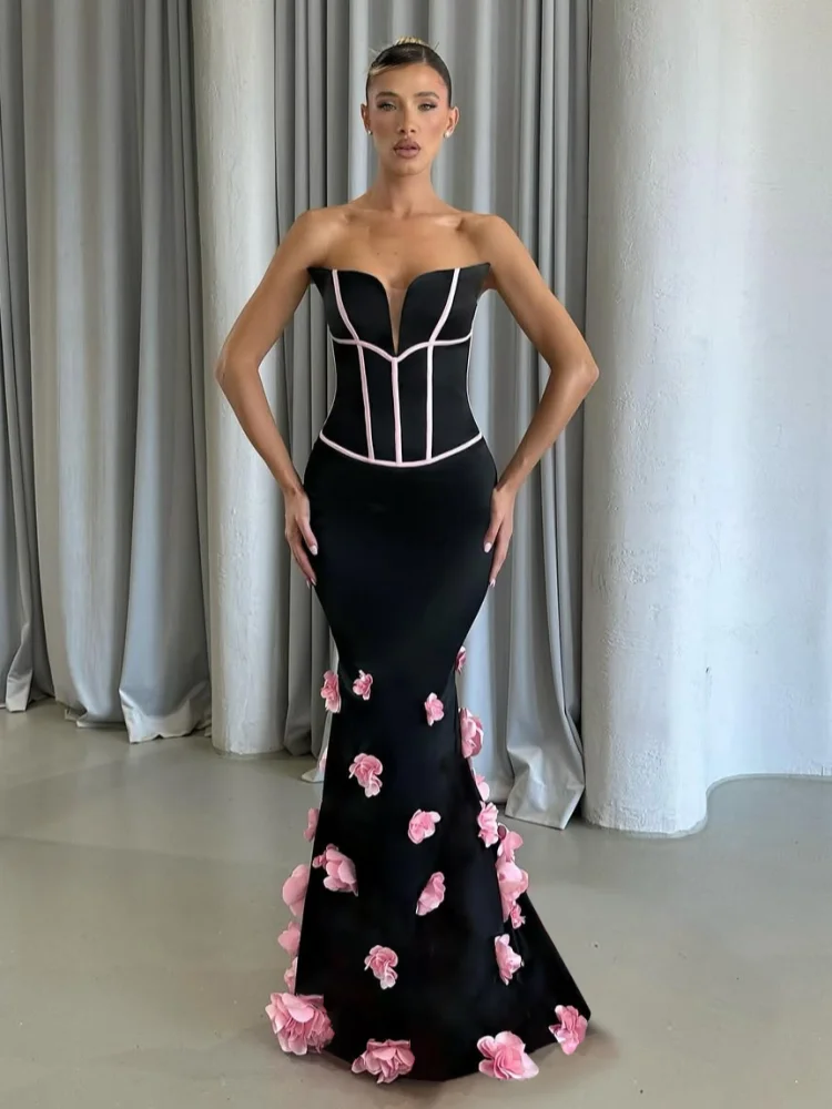 

Sexy Strapless Pink 3D Flowers Patchwork Bandage Dress Women Black Sleeveless Backless Floral Mermaid Dresses Evening Party Gown