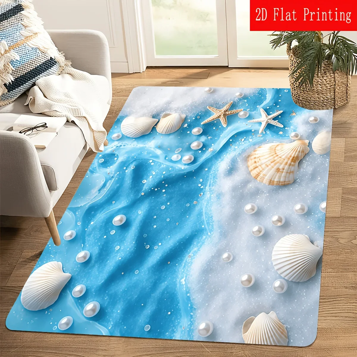 1pc 2D Pattern Blue and White Sandy Beach Pearl Shells and Starfish Printing Floor Mat for Living Room, Home Decor Rug, Kitche