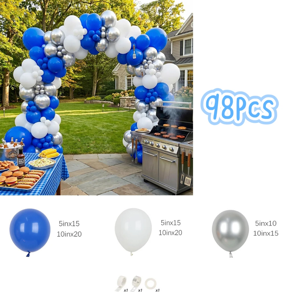 98Pcs Blue and White Balloons Garland Arch Kit Metallic Silver Balloons for Wedding Anniversaay Baby Shower Birthday Party Decor