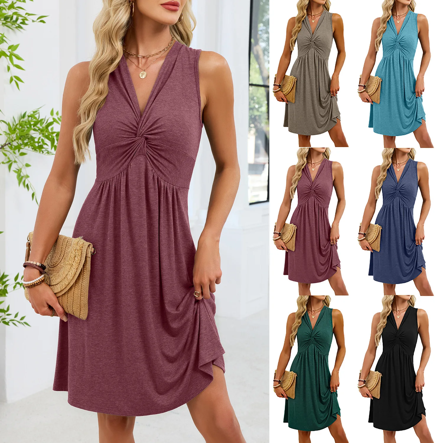 

Solid Color V Neck Sleeveless Midi Dress with Tie Front Knot Design Casual Summer Wear for Women 2026 New Collection